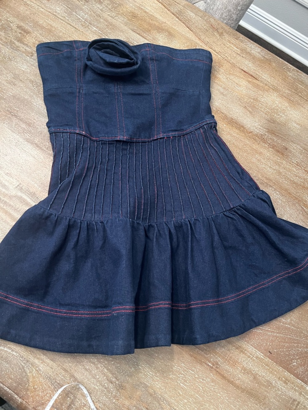 Anthropologie denim Mini Dress with red Contrast Stitching